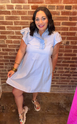 Gingham Flutter Sleeve Dress in Blue