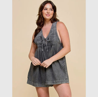 Flirty Front Pleated V Neck Sleeveless Denim Romper