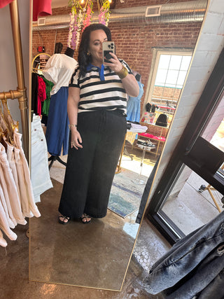 Promenade Black and White Striped Sweater Polo Pullover