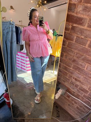 Eyelet Peplum Top in Pink
