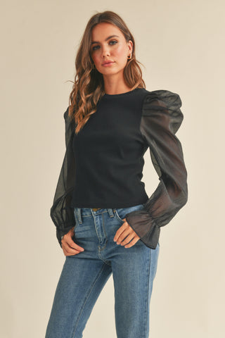 Ribbed Body with Sheer Puff Sleeve Top