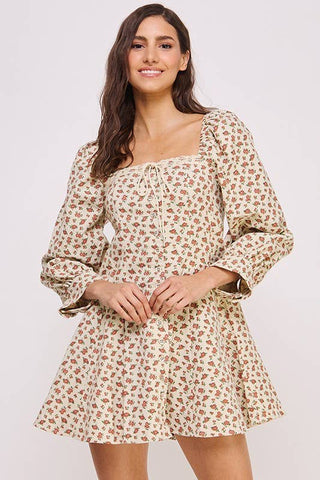 SWEET 3/4 SLEEVE SQUARE NECK FLORAL PRINT MINI DRESS