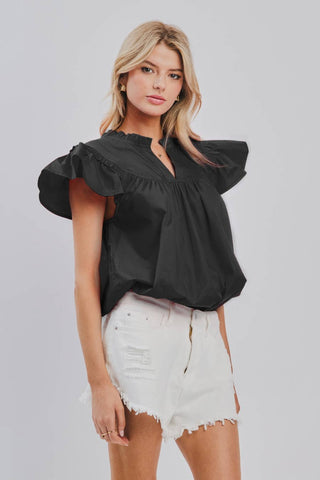 Serenity Solid Short Flutter Sleeve Poplin Blouse