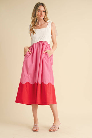 SCALLOPED COLOR BLOCK MIDI DRESS
