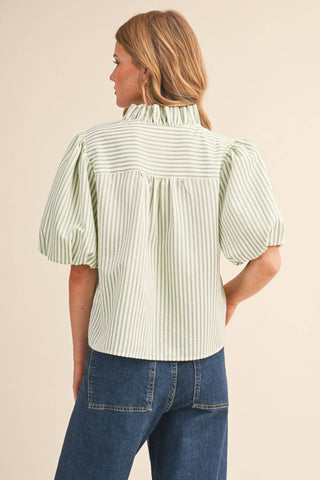STRIPED RUFFLED BUTTON DOWN TOP