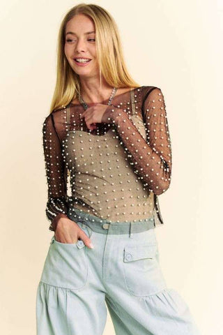 BRILEY BEAD AND PEARL EMBELLISHED LONG SLEEVES MESH TOP