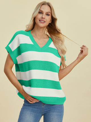 Sasha Striped V-Neck Short Sleeve Sweater