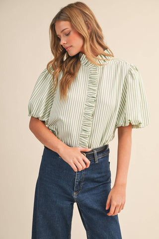 STRIPED RUFFLED BUTTON DOWN TOP