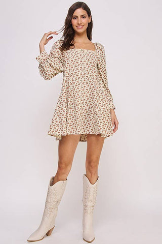 SWEET 3/4 SLEEVE SQUARE NECK FLORAL PRINT MINI DRESS