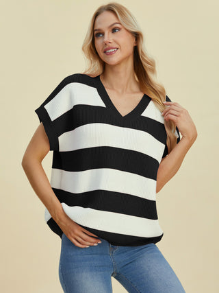 Sasha Striped V-Neck Short Sleeve Sweater