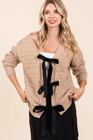 Bubble Knit Cardigan with Ribbon Tie