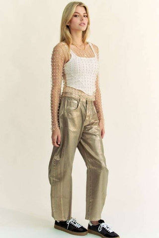 BRILEY BEAD AND PEARL EMBELLISHED LONG SLEEVES MESH TOP