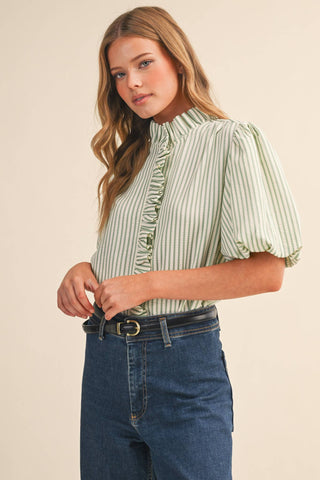 STRIPED RUFFLED BUTTON DOWN TOP