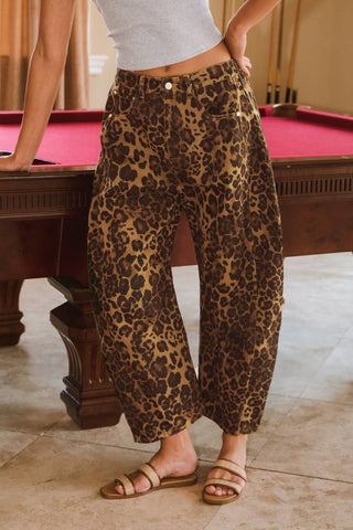 Washed Leopard Printed Barrel Jean