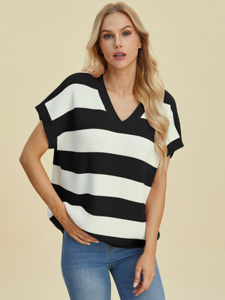 Sasha Striped V-Neck Short Sleeve Sweater