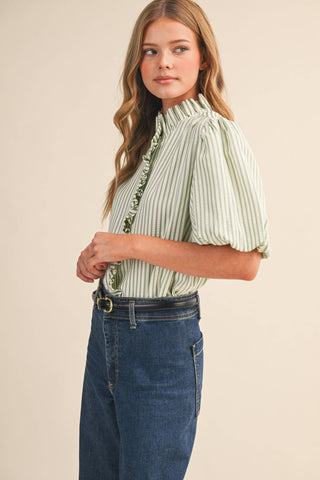 STRIPED RUFFLED BUTTON DOWN TOP
