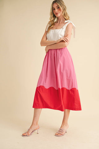 SCALLOPED COLOR BLOCK MIDI DRESS