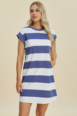 Kacie Striped Round Neck Cap Sleeve Mini Dress